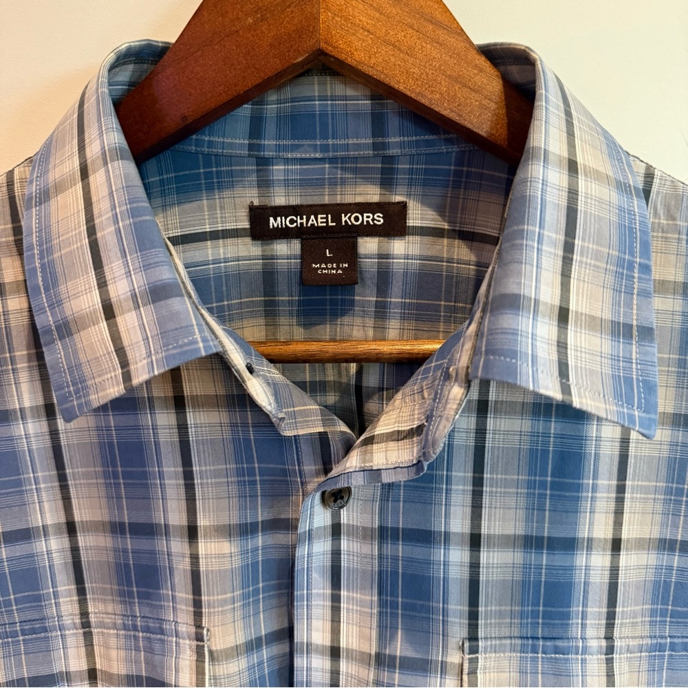 Michael Kors Dress shirt, Blue and White Plaid Long-Sleeve Shirt, Men’s Large - Picture 4 of 10